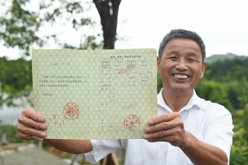 2017年6月13日，福建武平縣萬安鎮(zhèn)捷文村村民李桂林展示林權(quán)改革后領(lǐng)到的全國第一本新式林權(quán)證。