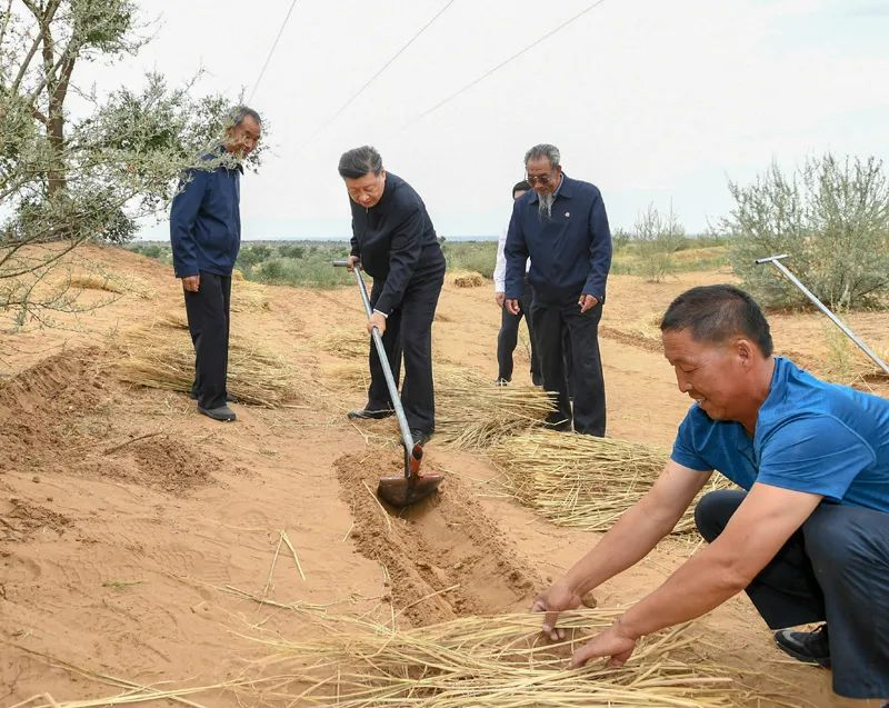 2019年8月21日，習(xí)近平來(lái)到甘肅省武威市古浪縣八步沙林場(chǎng)，實(shí)地察看當(dāng)?shù)刂紊吃炝?、生態(tài)保護(hù)等情況。新華社記者 謝環(huán)馳 攝