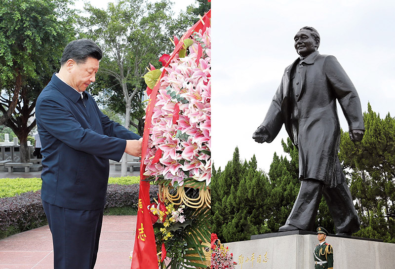 2020年10月14日，習(xí)近平總書記向深圳蓮花山公園鄧小平同志銅像敬獻(xiàn)花籃。