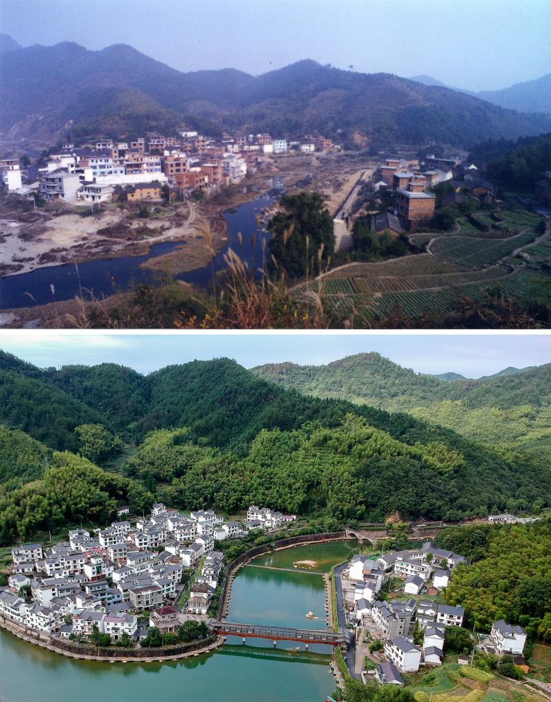 圖為浙江省杭州市淳安縣楓樹嶺鎮(zhèn)下姜村拼版圖，其中上圖為資料照片、下圖由新華社記者張鋮攝。